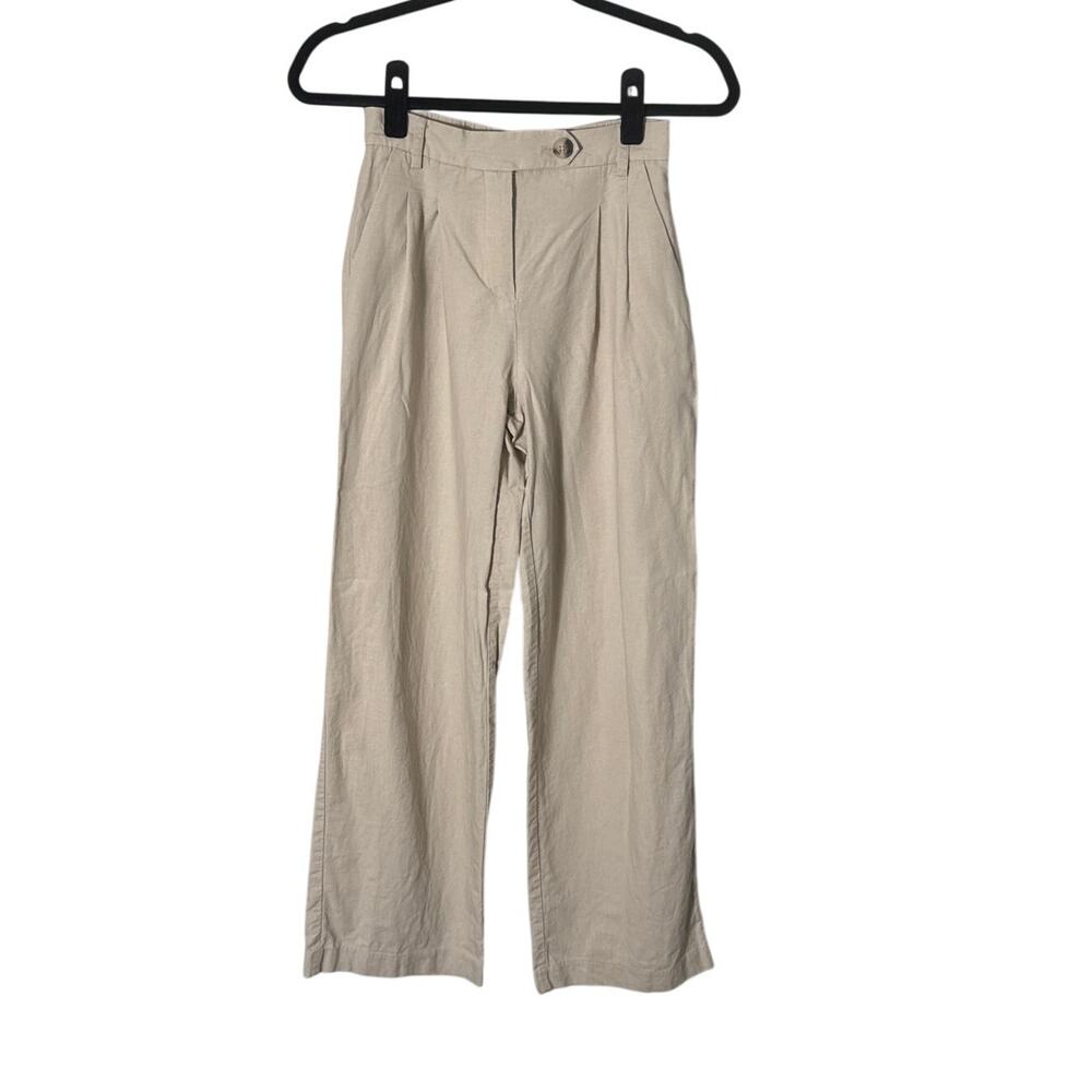 Bershka Women's Wide Leg Pleated Linen Blend Pants Tan Size‎ 00